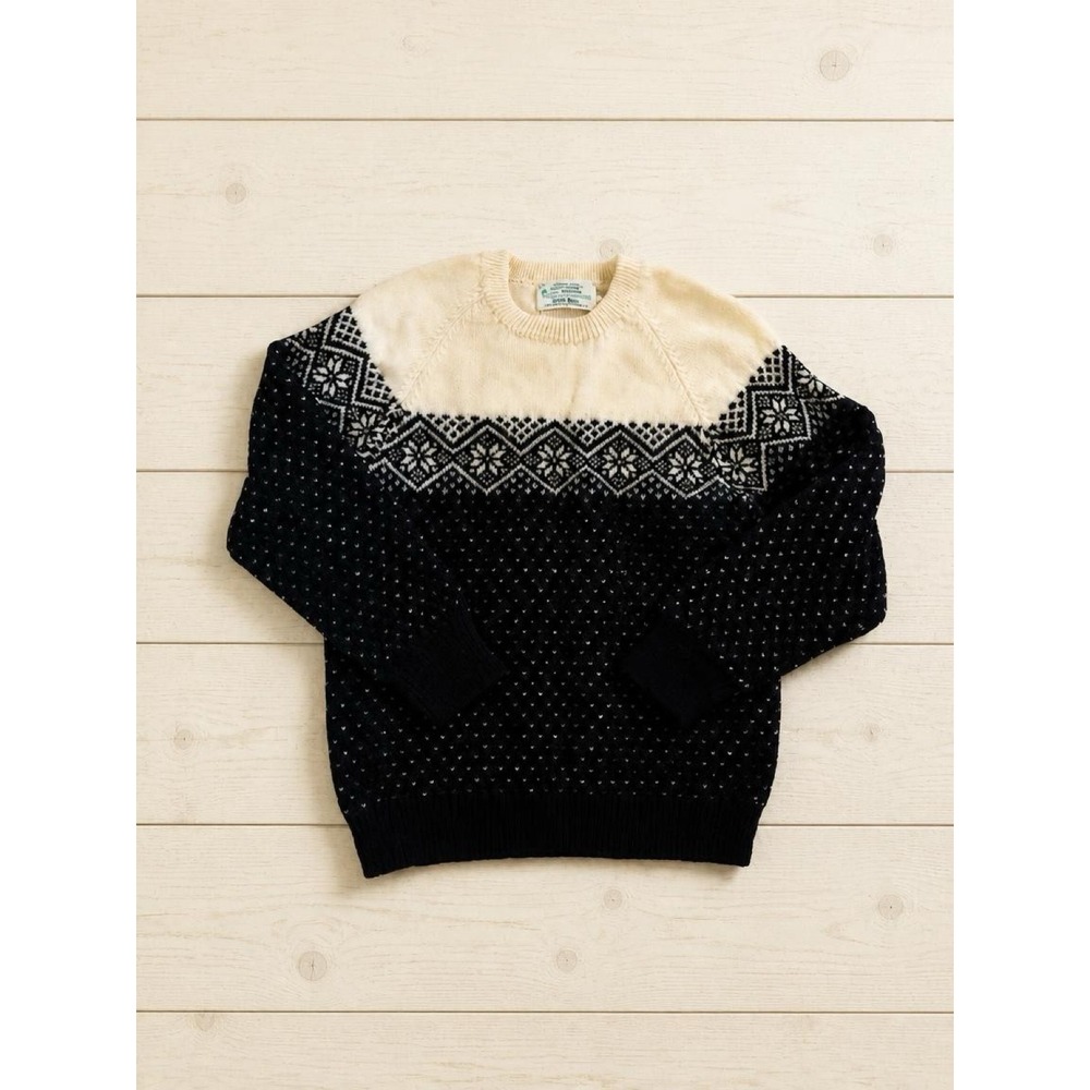 Moriarty Vintage Sweater Handmade Stowe VT Wool Fair Isle Black Cream L